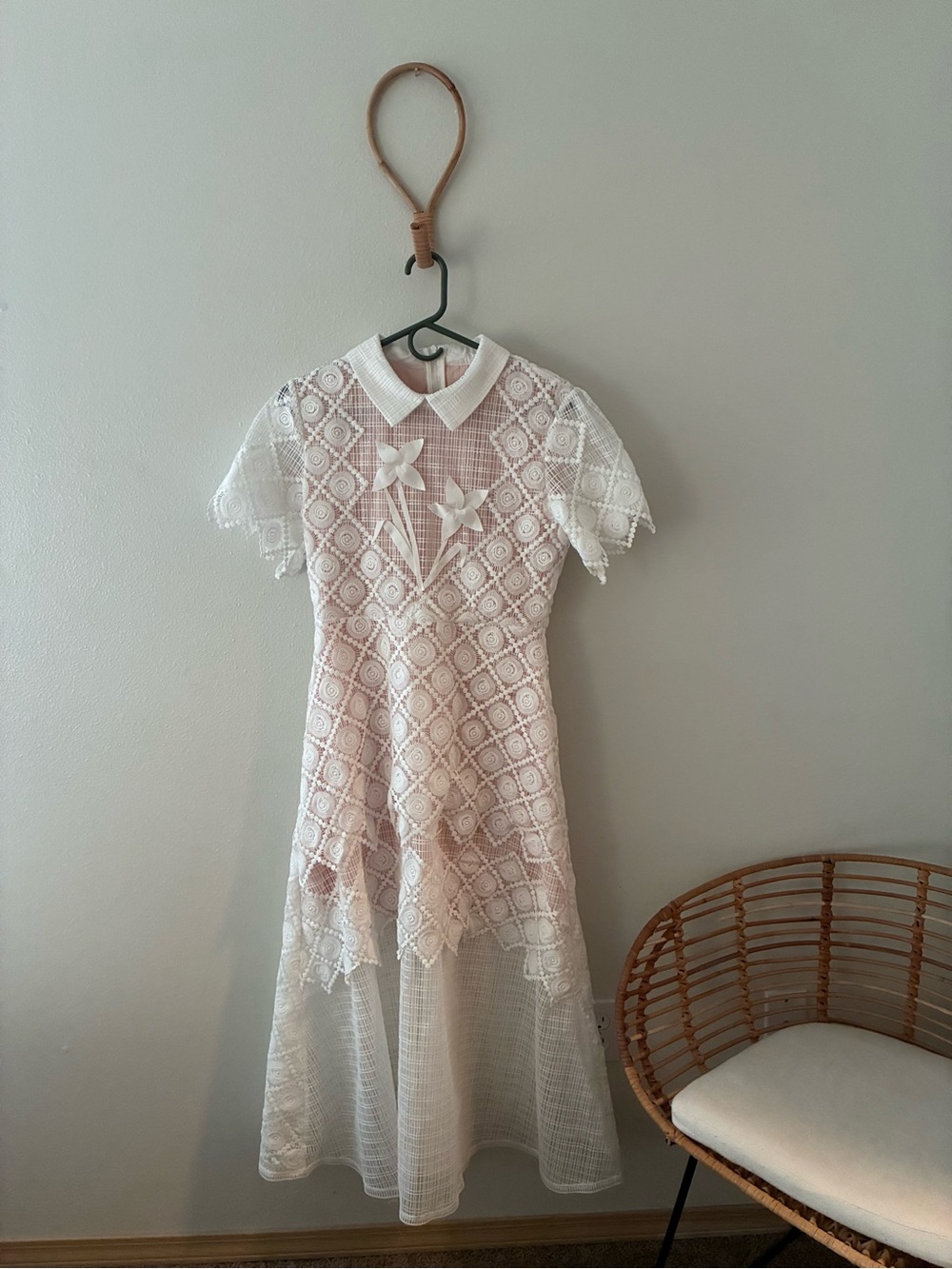 NWT Sunfere Grace Lace Embroidered Short Sleeve Midi Dress White L